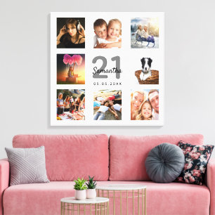 Toile 21e anniversaire photo collage blanc monogramme
