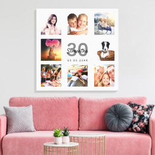 Toile 30e anniversaire photo collage blanc monogramme