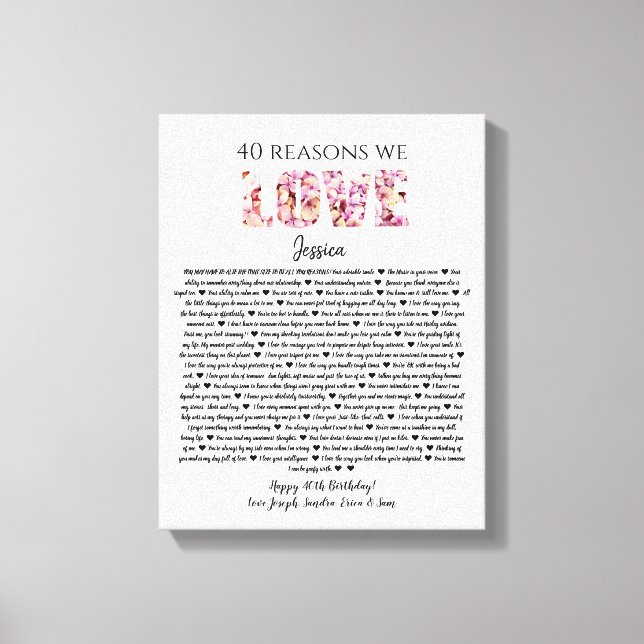 Toile 40 raisons nous t'aimons cadeau d'anniversaire mam (Recto)
