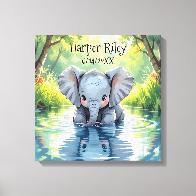 Toile Adorable Baby Elephant and Reflection Personalized (Recto)