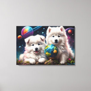Toile Adorable Fluffy Samoyé Puppies, Paix sur Terre
