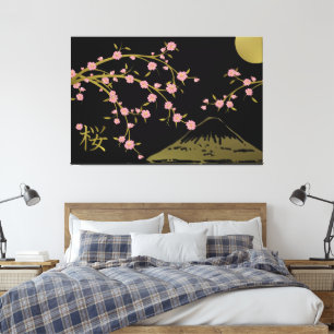 Toile Affiche japonaise en or et noir Sakura rose