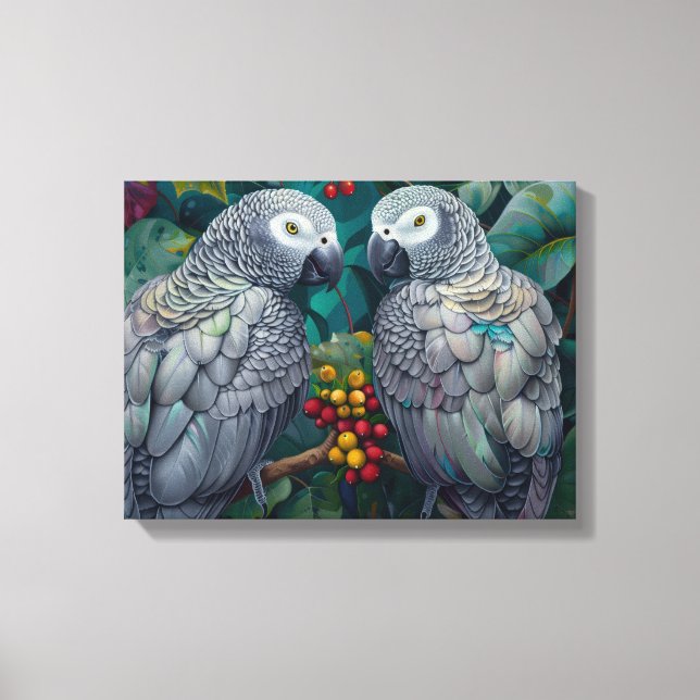 Toile African Grey Parrots Persimmon-Berry Duet  (Recto)
