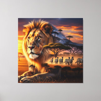 Toile African Lion & Zebra Sunset Canvas Art