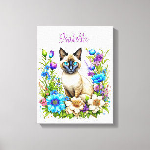 Toile Ai Aquarelle Siamese Chat en Fleurs Personnalisé