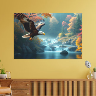 Toile Aigle patriotique volant au-dessus des cascades en