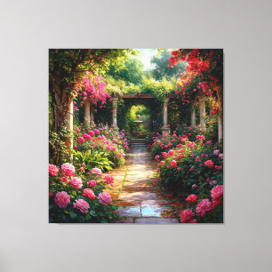 Toile Allée de jardin luxuriante avec rosiers