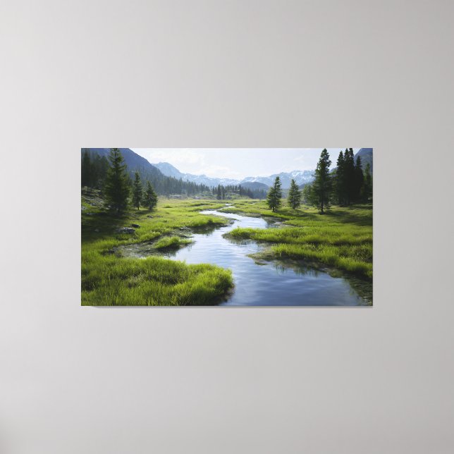 Toile Alpine Valley Stream Green Meadows Snowy Peaks (Recto)