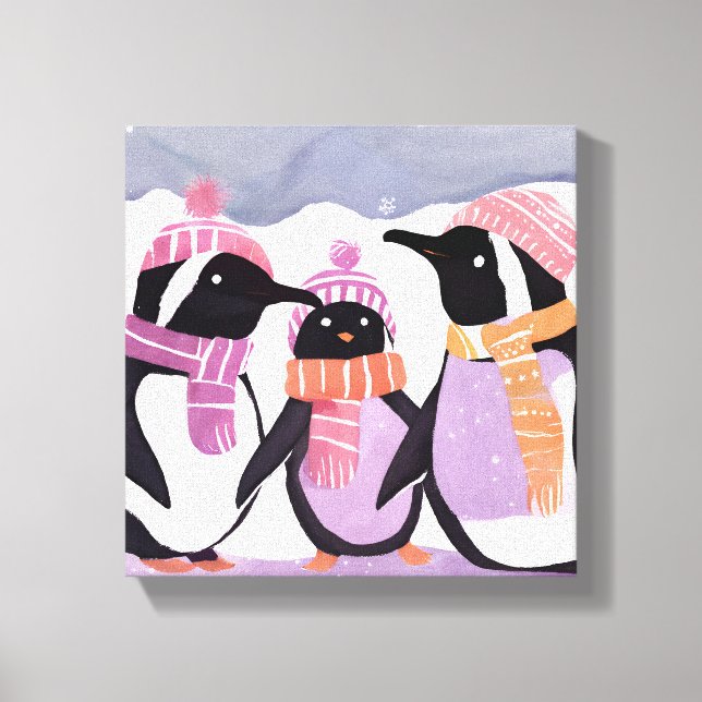Toile Amis des pingouins de Noël | Aquarelle d'hiver (Recto)