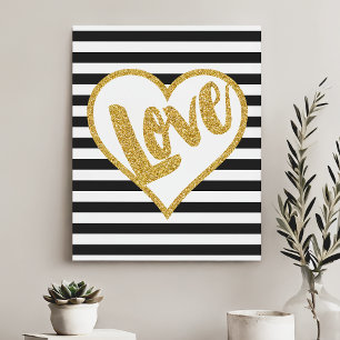 Toile Amour Noir et Blanc Bandes de Paillettes Dorées