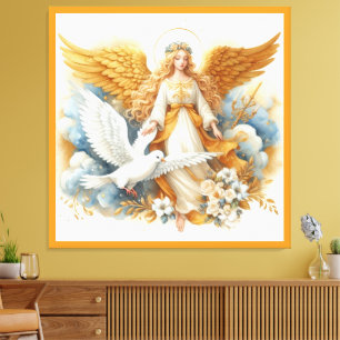 Toile Ange Gardien Doré avec Oiseau Blanc