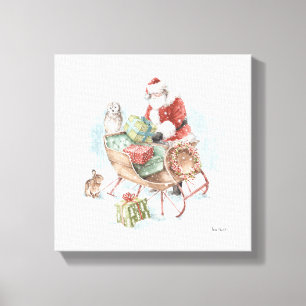 Toile Animaux des bois avec le Père Noël et son couleigh