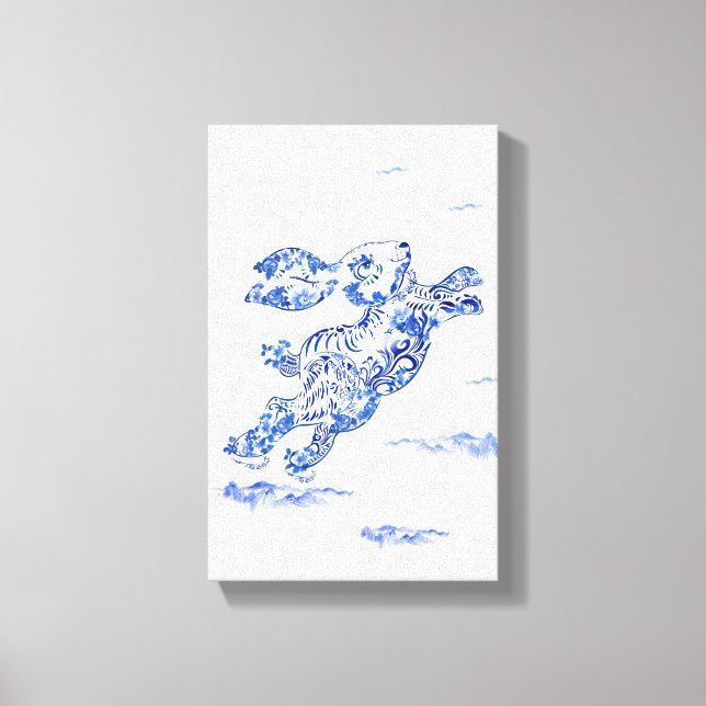 Toile Année du lapin chinois peint blanc bleu original (Recto)