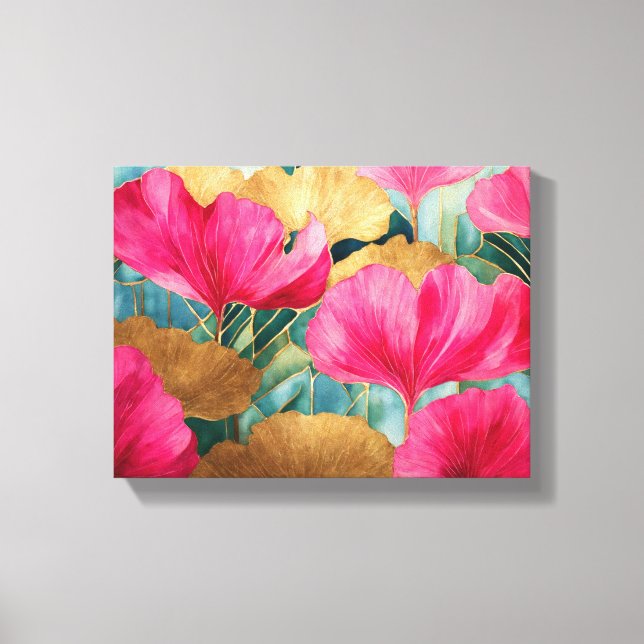 Toile Aquarelle Abstraite Ginkgo feuille or rose (Recto)
