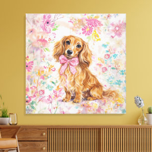 Toile Aquarelle Dachshund aux longs poils Fleurs pastel