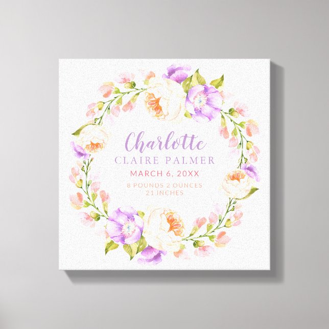 Toile Aquarelle Floral Personnalisé Baby Birth Stats (Recto)