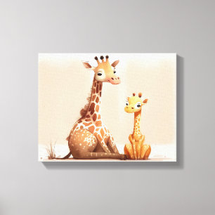 Toile Aquarelle Giraffe avec bébé