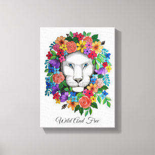 Toile Aquarelle Lion Et Fleurs Arc En Ciel