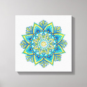 Toile Aquarelle Mandala bleu turquoise jaune