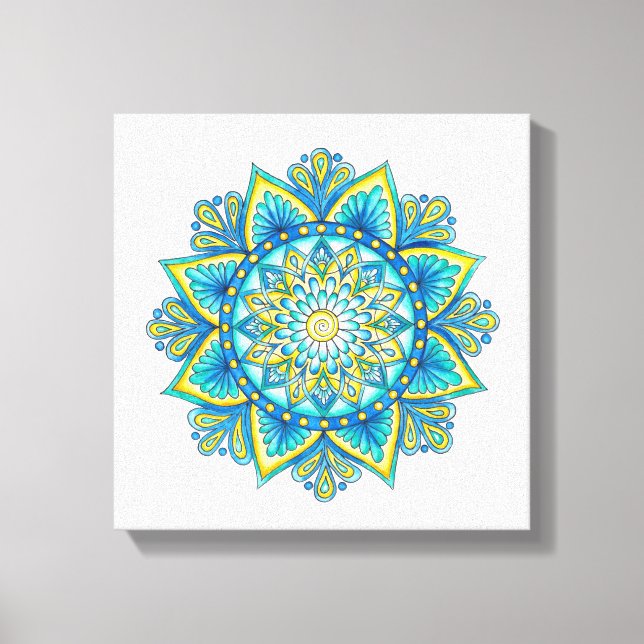 Toile Aquarelle Mandala bleu turquoise jaune (Recto)