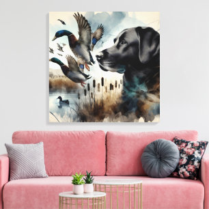 Toile Aquarelle Noir Labrador Et Canards