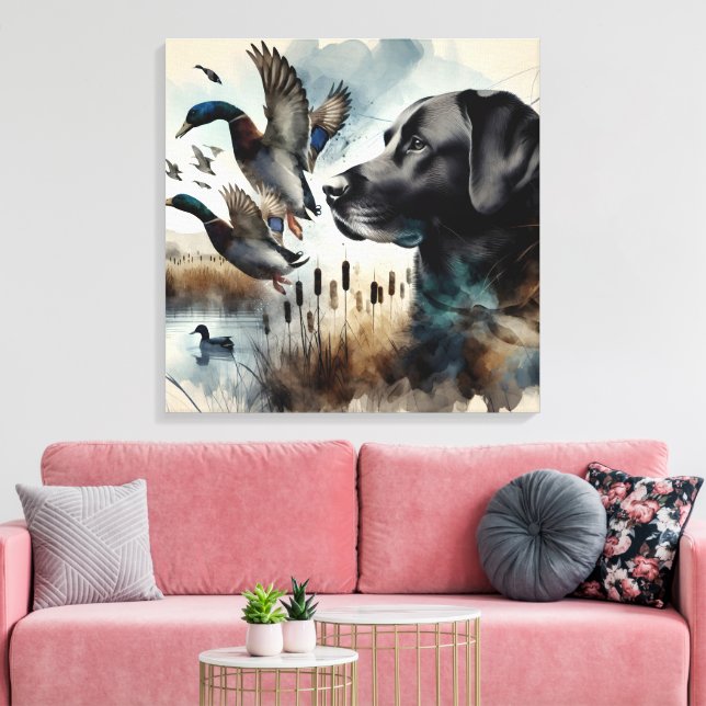 Toile Aquarelle Noir Labrador Et Canards (Insitu(Salon))