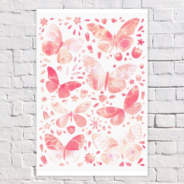 Toile Aquarelle Papillon Peach Coral rose (Coral peach pink and white watercolor butterfly faux canvas print)