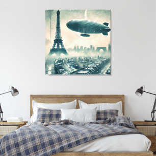 Toile Aquarelle Paris Skyline avec Dirigible et Eiffel