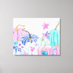 Toile Aquarelle pastel citrouille et cadre fleuri