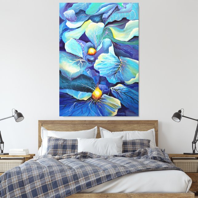Toile Aquarelle peinte à la main Aqua florale et Blues (Insitu(Chambre))