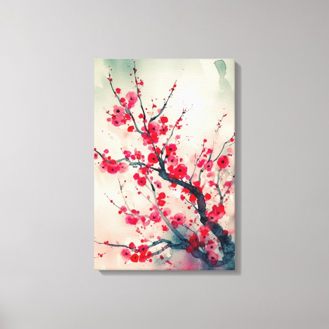 Toile Aquarelle poétique à fleurs de prune rouge (Recto)