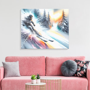 Toile Aquarelle Ski de neige en descente