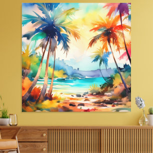Toile Aquarelle Soleil à travers la plage de palmiers