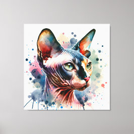 Toile Aquarelle Sphynx Chat Portrait Artistique