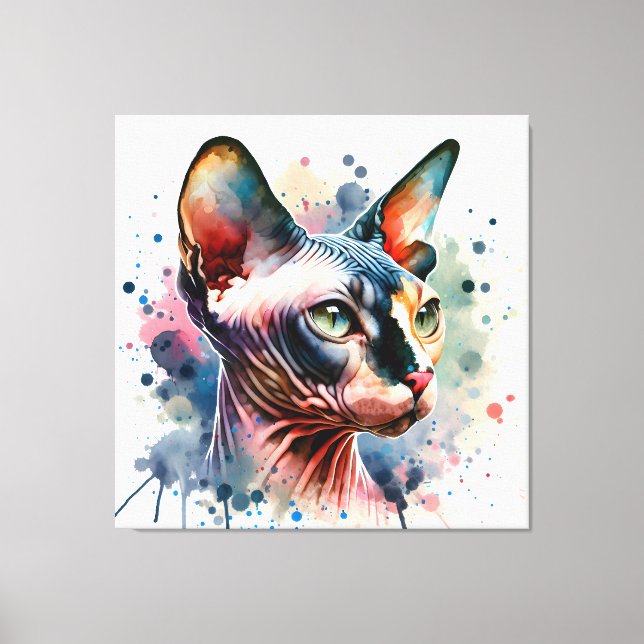 Toile Aquarelle Sphynx Chat Portrait Artistique (Recto)