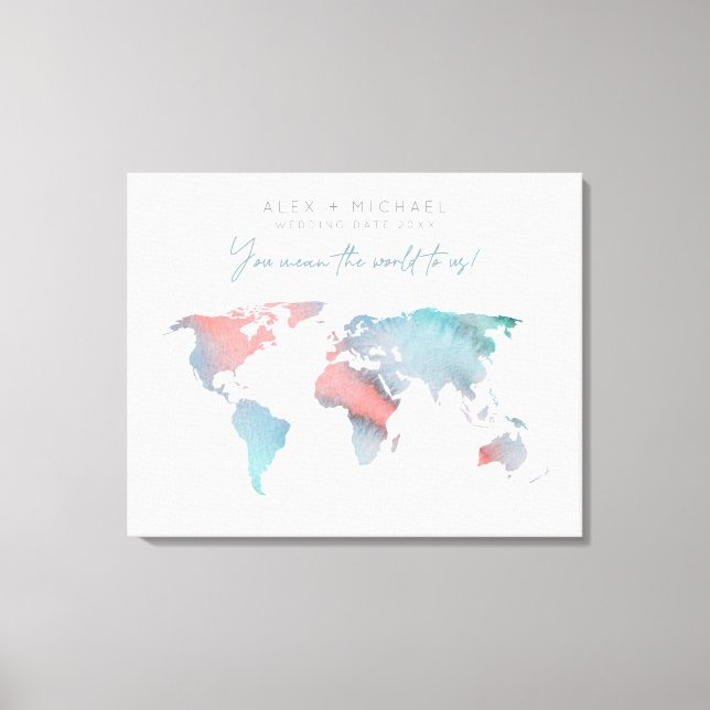 Toile Aquarelle turquoise et rose Plan du monde Livre d' (Recto)