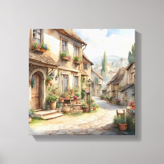 Toile Aquarelle vieux village européen avec vue rustique