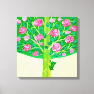 Toile Arborescence rose   Petite grenouille   Rose et ve