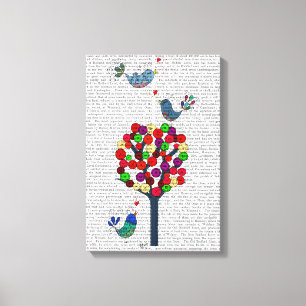 Toile Arbre et oiseaux de bouton bleus