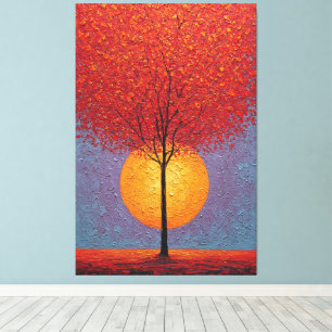 Toile Arbre Rouge Incandescent avec Soleil Doré Abstrait
