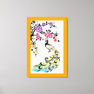 Toile Arc-en-ciel paon & fleurs de cerisiers orange fron