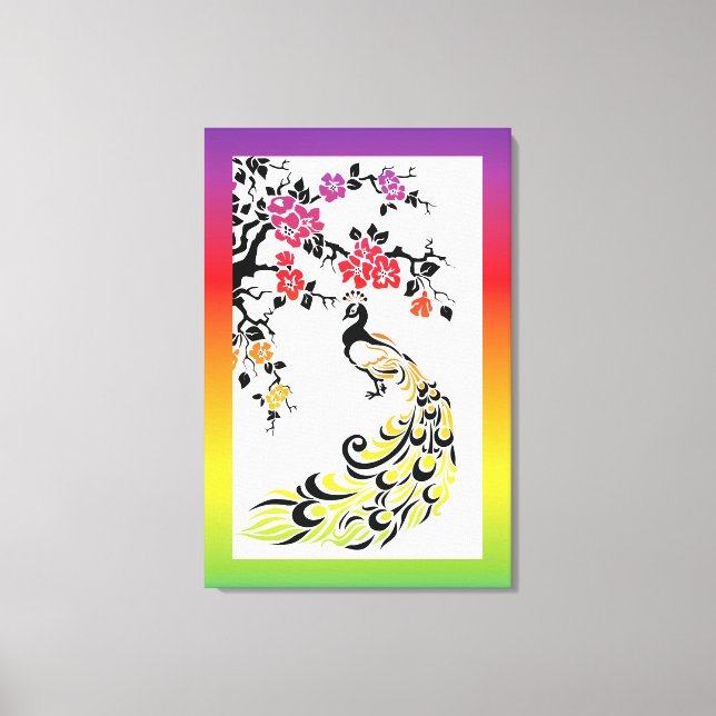 Toile Arc-en-ciel, paon noir et fleurs de cerisiers (Recto)