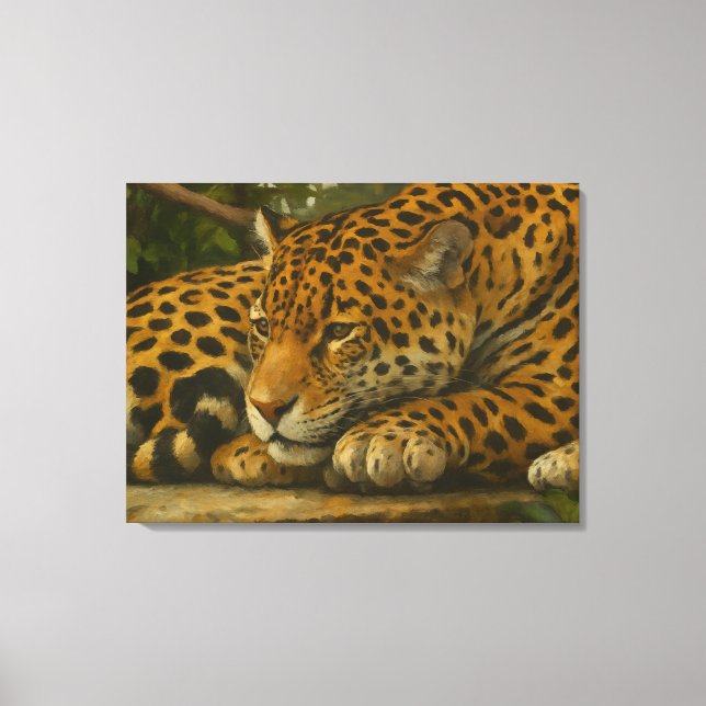 Toile Ardoise dorée - Leopard reposant en feuillage (Recto)