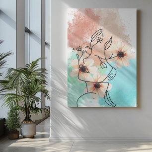 Toile Art Abstrait à une ligne face avec lèvres de fleur