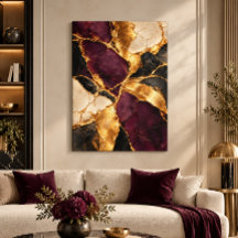 Art abstrait Kintsugi Luxe Prune Noir Or