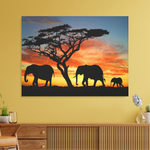 Toile Art de la silhouette d'éléphant au coucher de sole