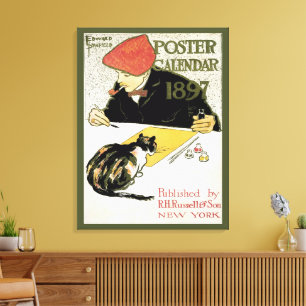 Toile Art Nouveau vintage, artiste peignant avec un chat