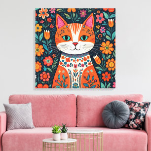 Toile Art populaire Whimsical Chat et Fleurs