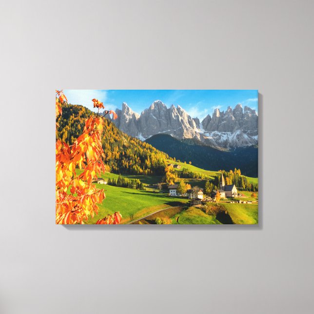 Toile Automne dans un paysage de Dolomites avec église (Recto)