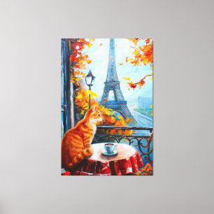Toile Automne parisien Chat au gingembre dans un café